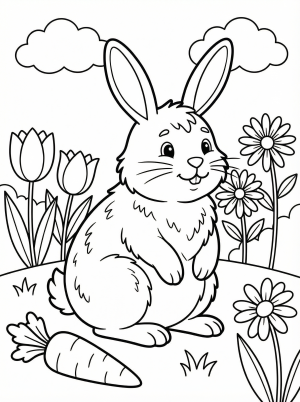 Free printable coloring page showing a fuzzy bunny in a garden with flowers and a carrot, perfect for kids to practice coloring and creativity