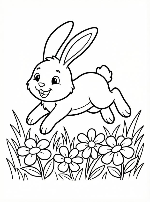 Free printable coloring page showing a happy hopping bunny over flowers, perfect for kids to practice creativity and fine motor skills