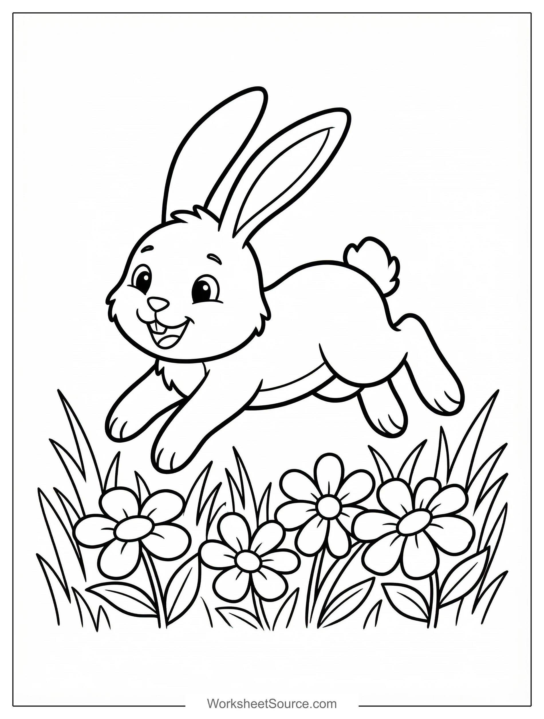 Free printable coloring page showing a happy hopping bunny over flowers, perfect for kids to practice creativity and fine motor skills
