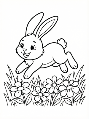 Free printable coloring page showing a happy hopping bunny over flowers, perfect for kids to practice creativity and fine motor skills