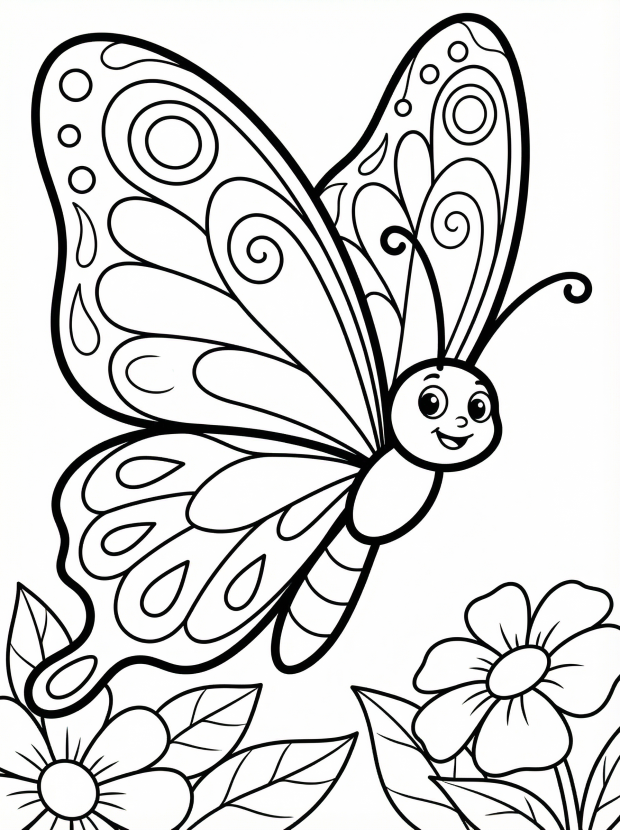 Free printable coloring page showing a close up butterfly with detailed wings, perfect for kids to practice coloring and learn about patterns