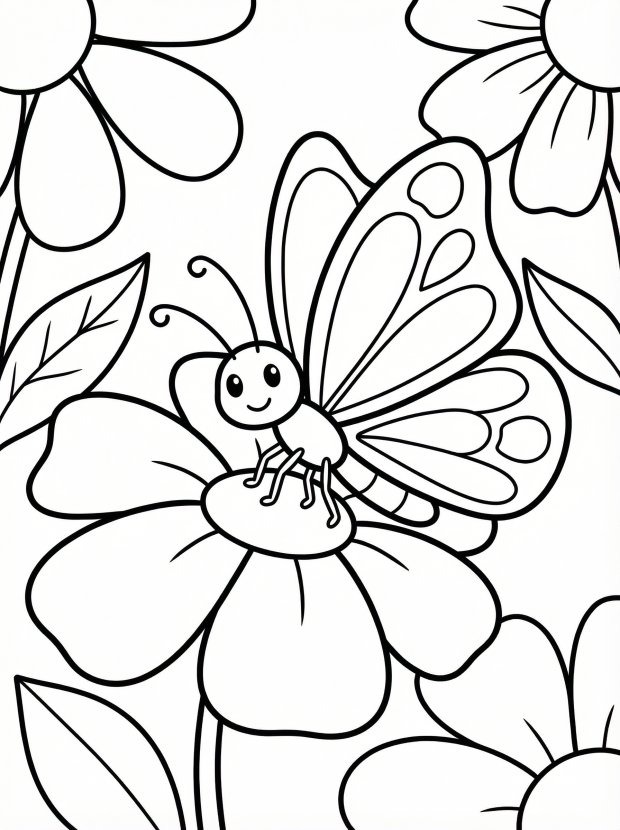 Free printable coloring page showing a butterfly perched on a garden flower, perfect for kids to practice color recognition and creativity