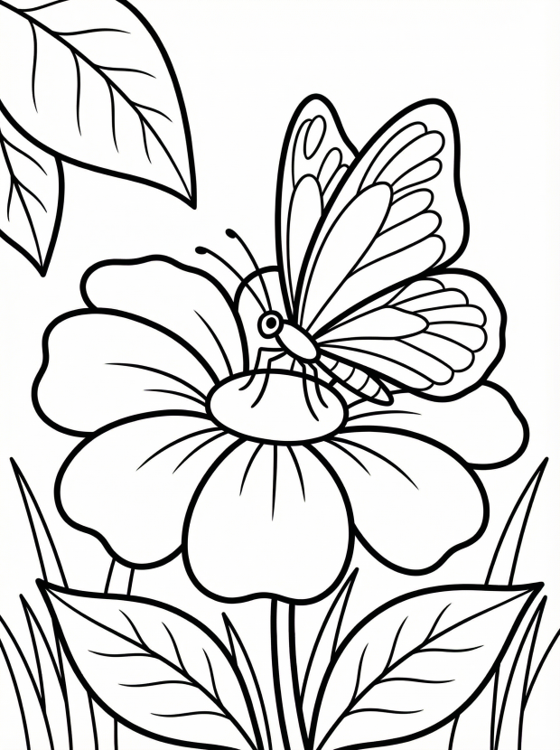 Free printable coloring page showing a butterfly perched on a flower, perfect for kids to practice focus and creativity