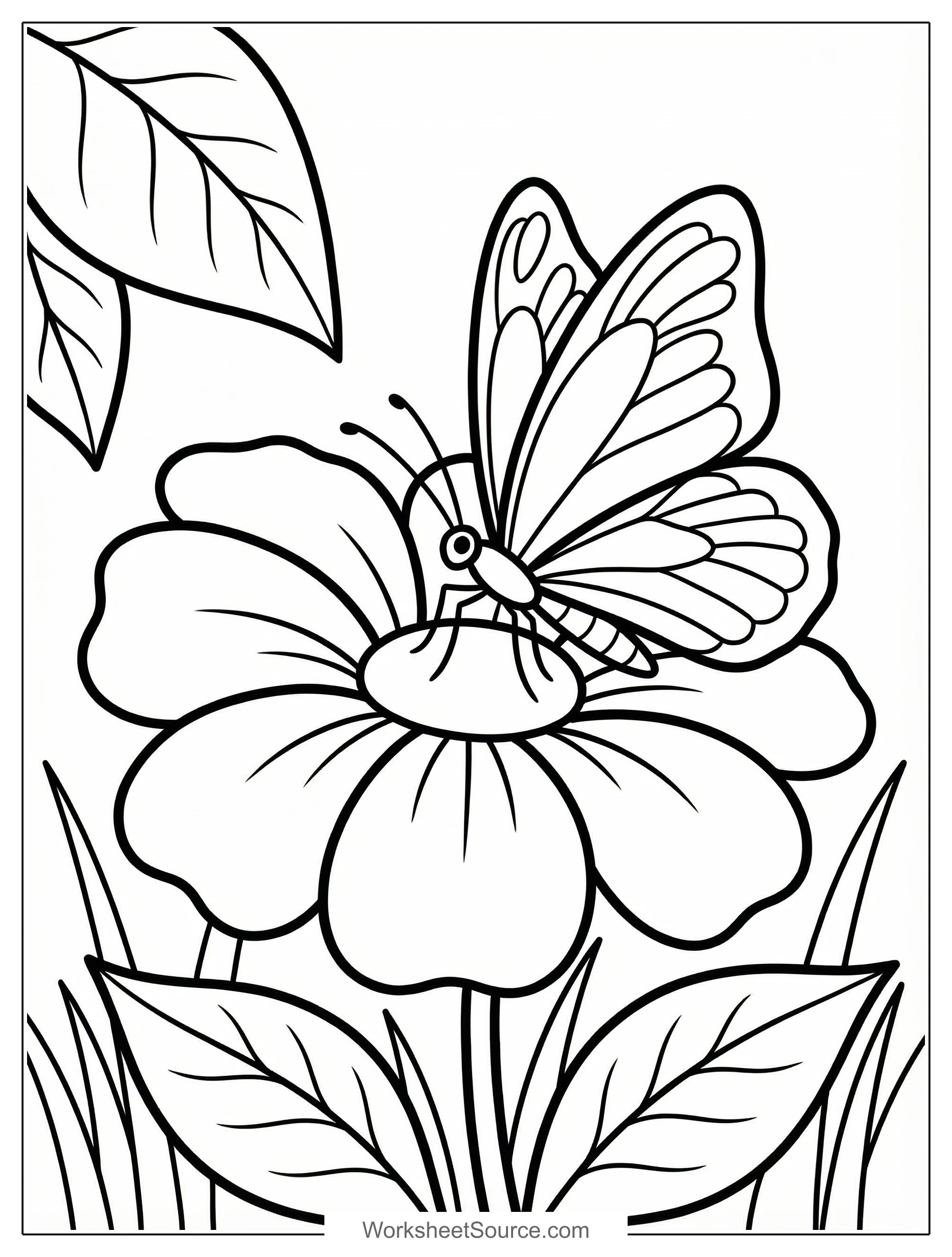 Free printable coloring page showing a butterfly perched on a flower, perfect for kids to practice focus and creativity