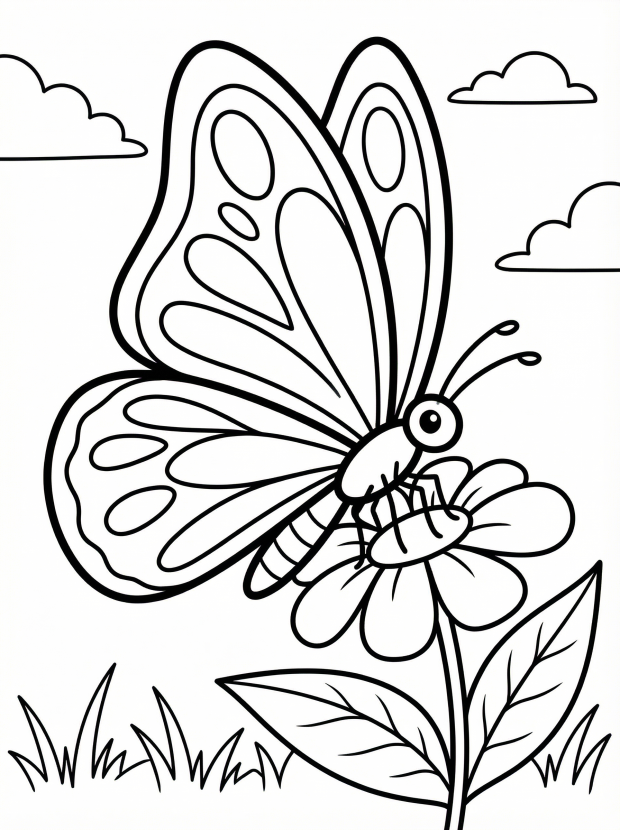 Free printable coloring page showing a butterfly side view on a flower, perfect for kids to practice fine motor skills and learn about insects