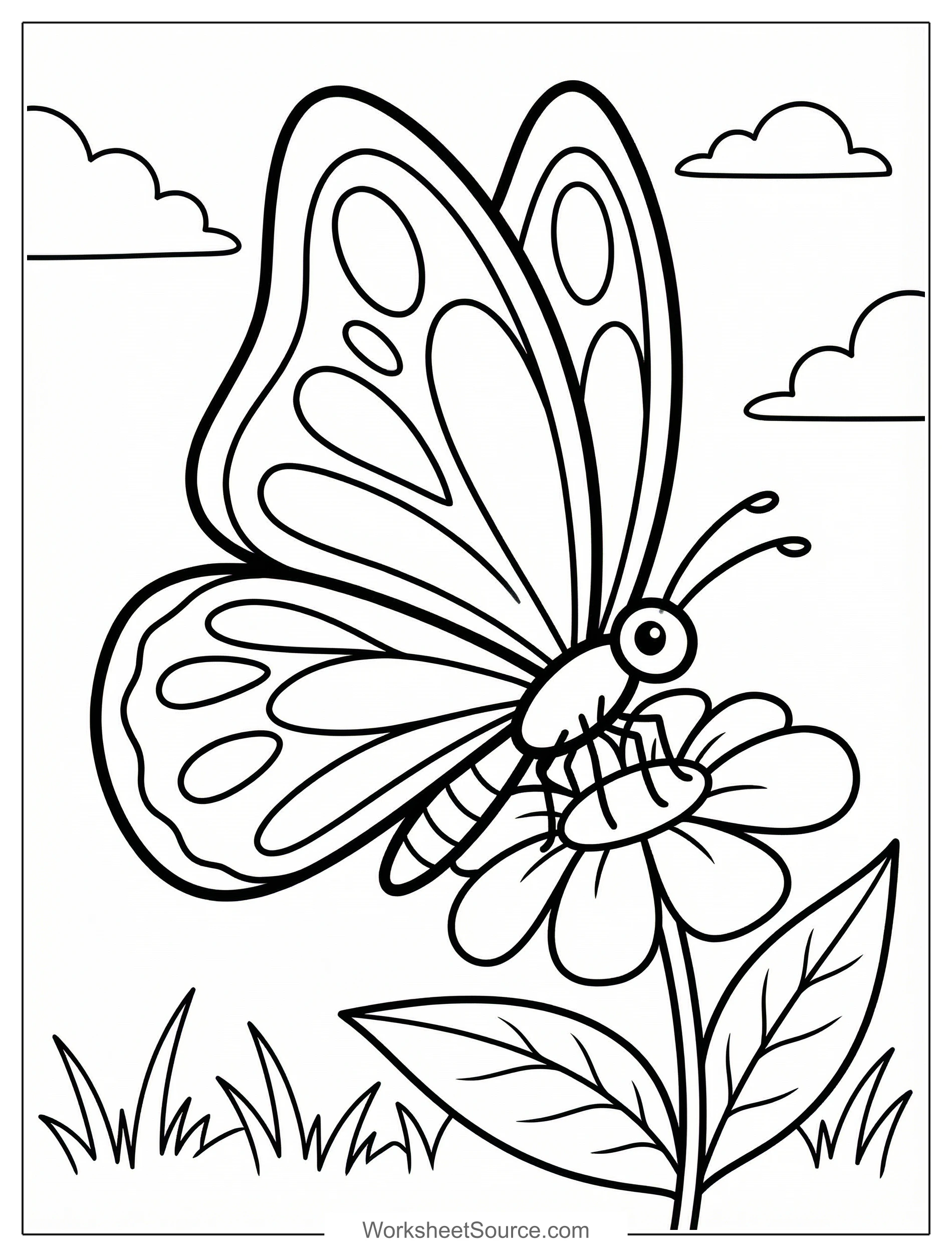 Free printable coloring page showing a butterfly side view on a flower, perfect for kids to practice fine motor skills and learn about insects
