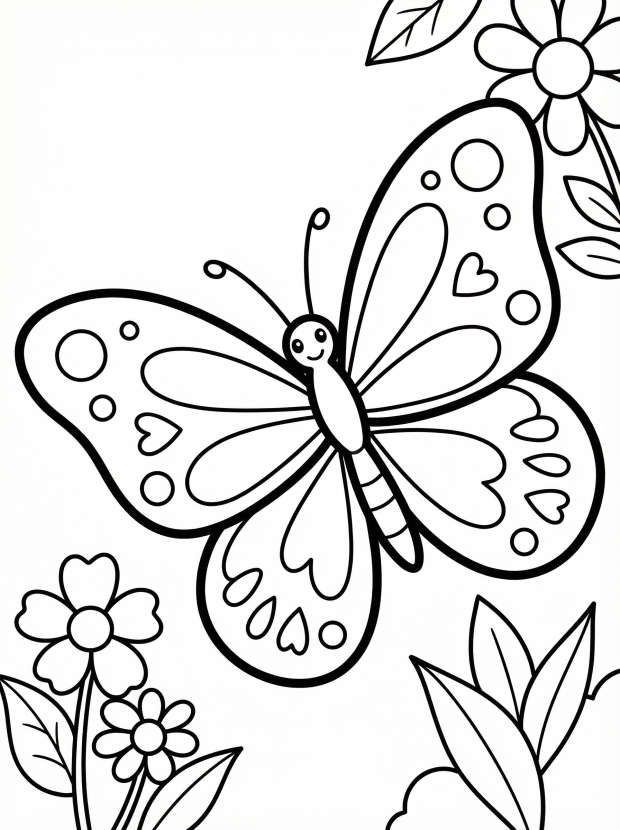 Free printable coloring page showing a butterfly with open wings and flowers, perfect for kids to practice coloring and hand control
