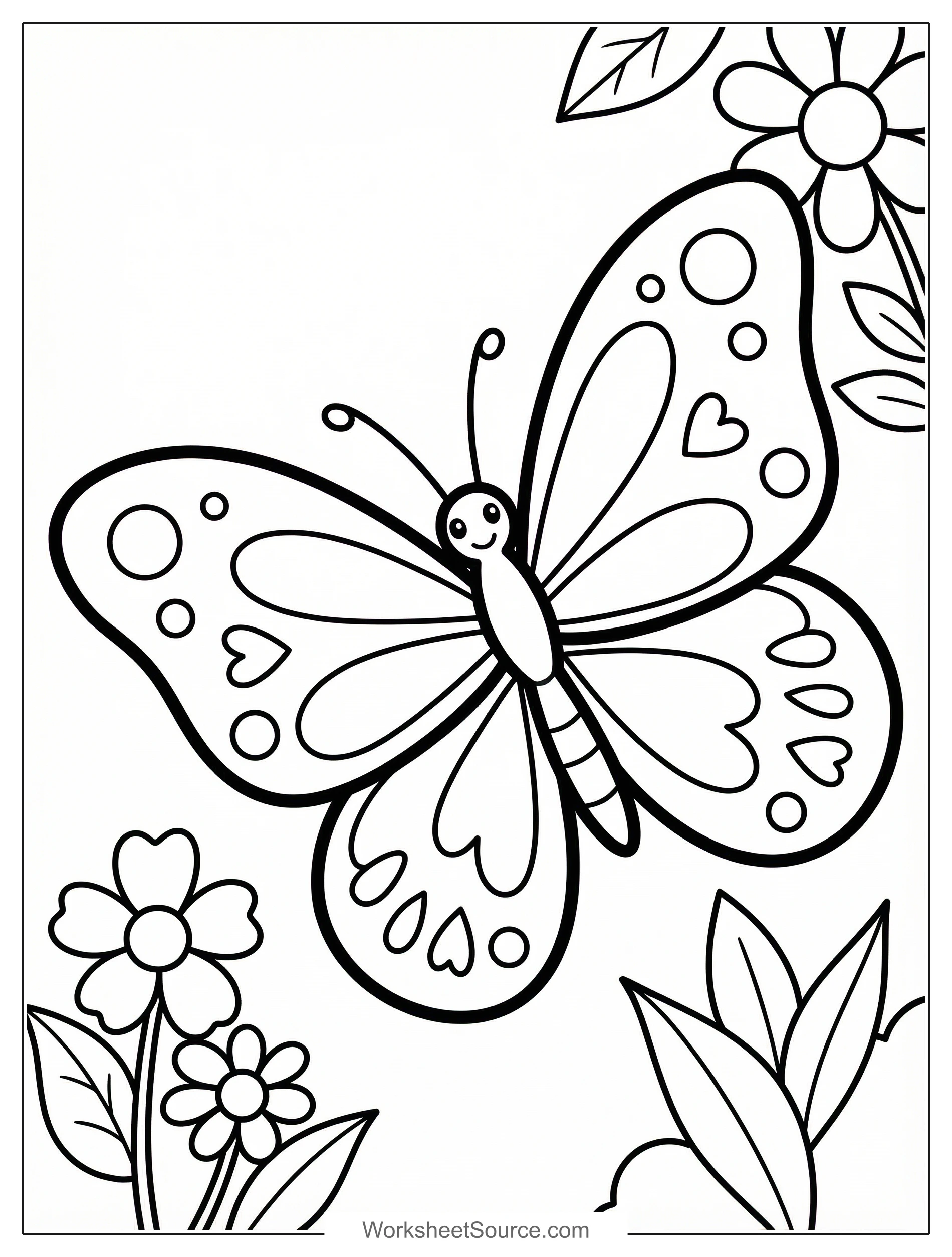 Free printable coloring page showing a butterfly with open wings and flowers, perfect for kids to practice coloring and hand control