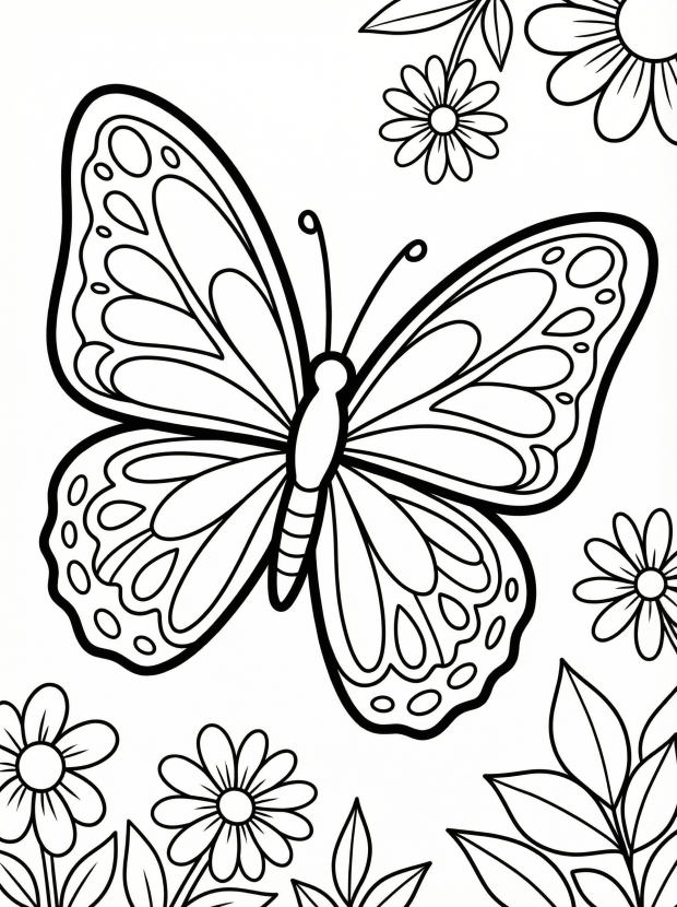 Free printable coloring page showing a patterned butterfly among flowers, perfect for kids to practice creativity and fine motor skills