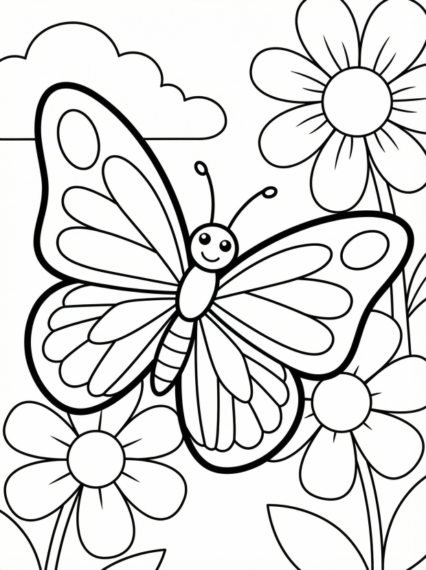 Free printable coloring page showing a smiling butterfly with flowers, perfect for kids to practice creativity and color recognition