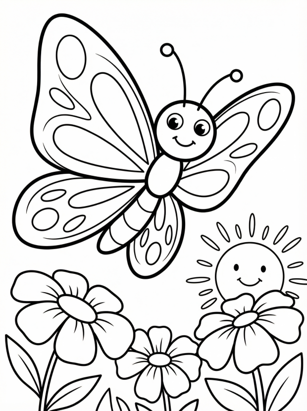 Free printable coloring page showing a flying butterfly over flowers and sun, perfect for kids to practice coloring and explore colors