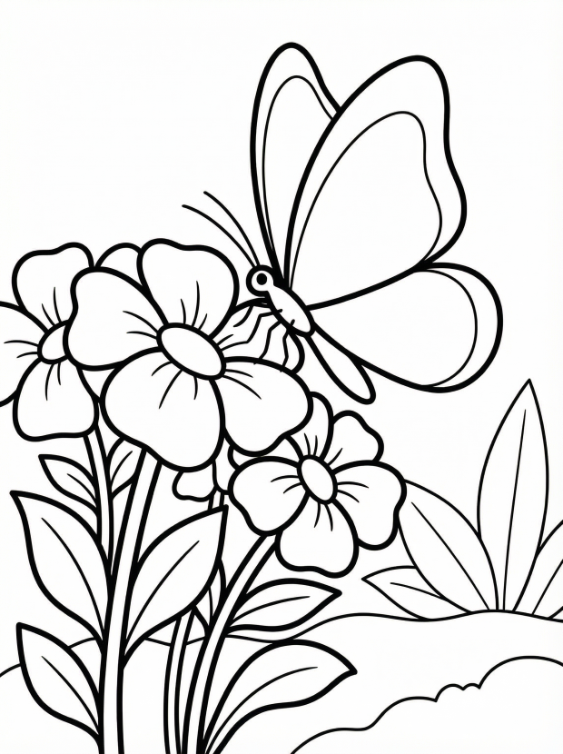 Free printable coloring page showing a graceful butterfly landing on flowers, perfect for kids to practice focus and color recognition