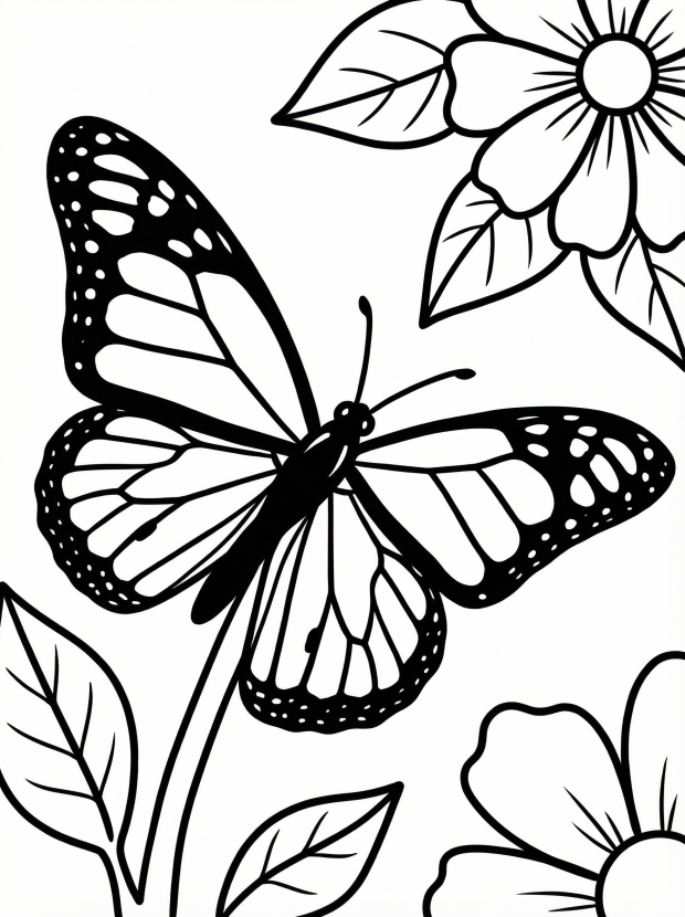 Free printable coloring page showing a Monarch Butterfly with flowers, perfect for kids to practice coloring and learn about patterns