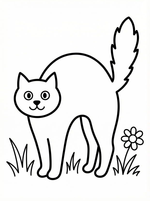 Free printable coloring page showing a black cat with arched back, perfect for kids to practice coloring and detail work