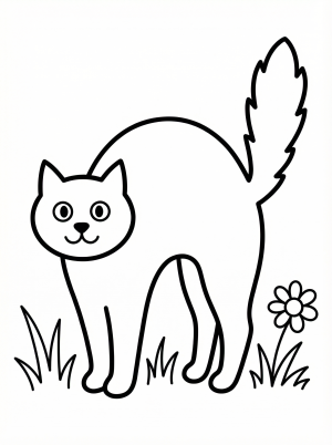 Free printable coloring page showing a black cat with arched back, perfect for kids to practice coloring and detail work