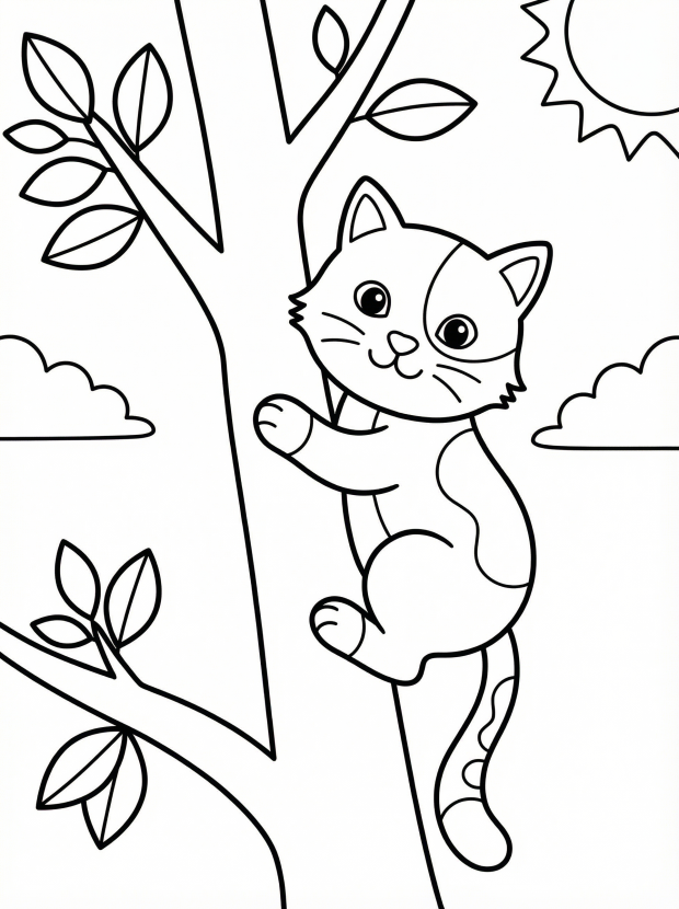Free printable coloring page showing a cat climbing a tree, perfect for kids to practice fine motor skills and creativity