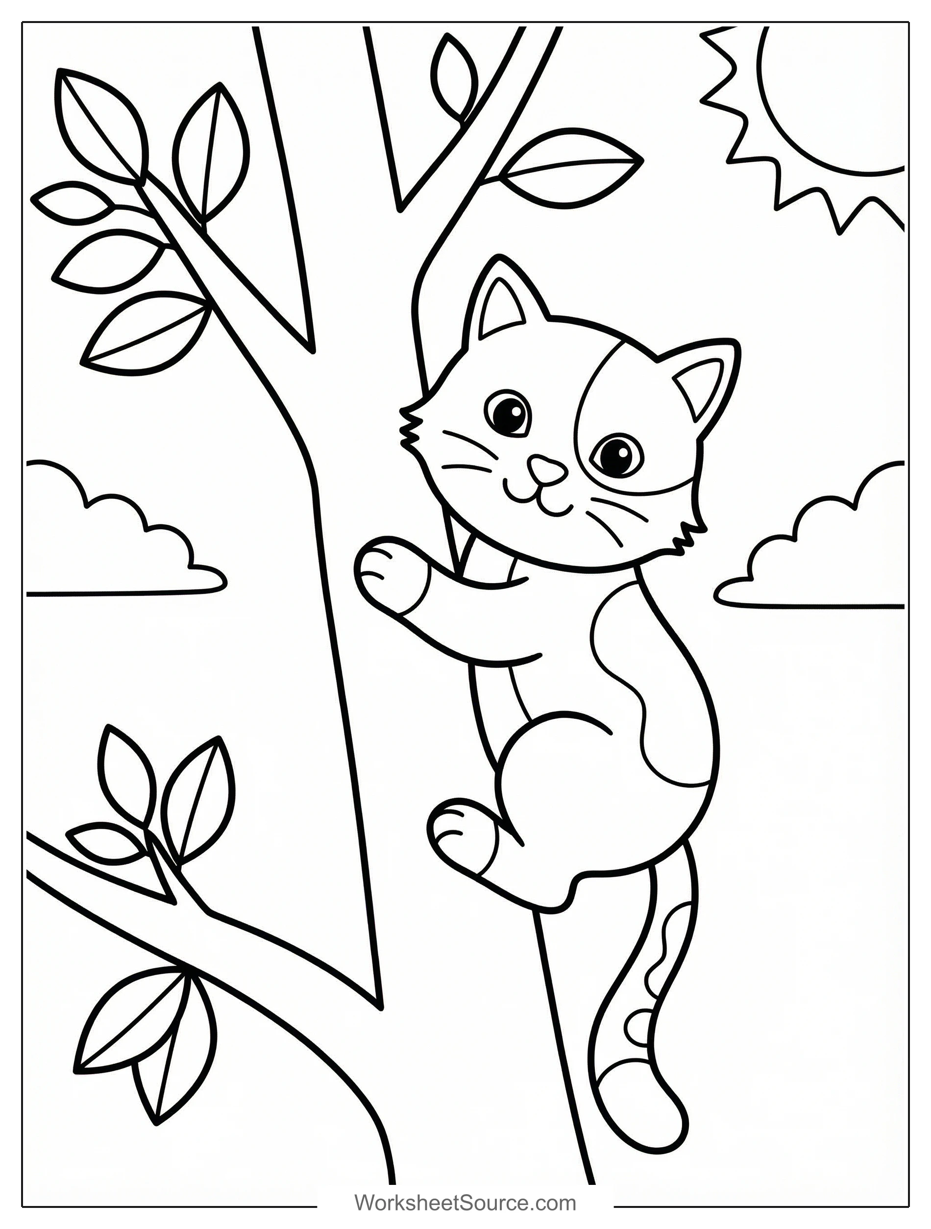 Free printable coloring page showing a cat climbing a tree, perfect for kids to practice fine motor skills and creativity