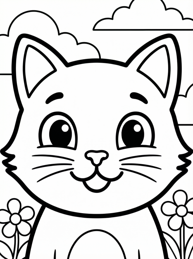 Free printable coloring page showing a smiling cat face, perfect for kids to practice coloring and fine motor skills