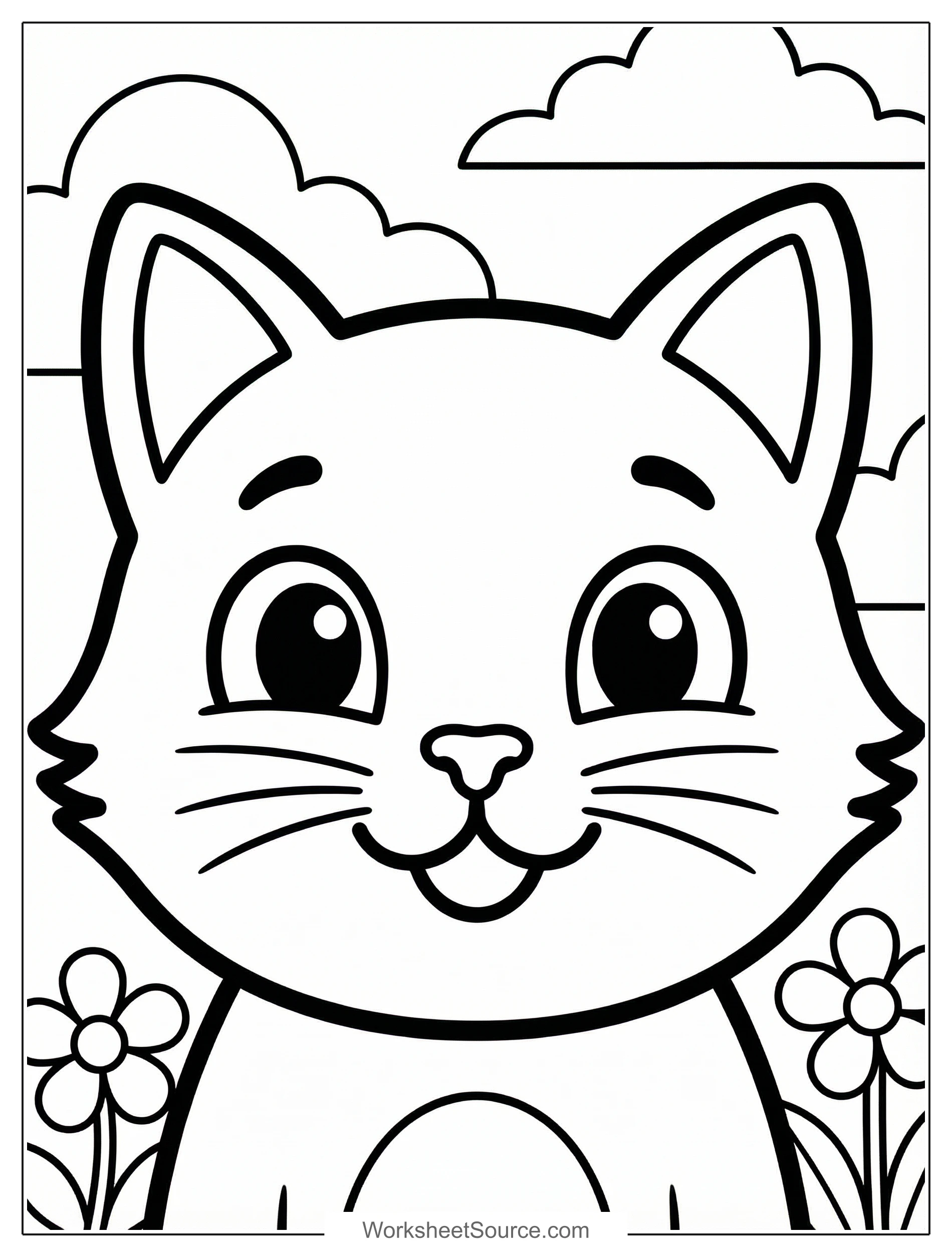Free printable coloring page showing a smiling cat face, perfect for kids to practice coloring and fine motor skills