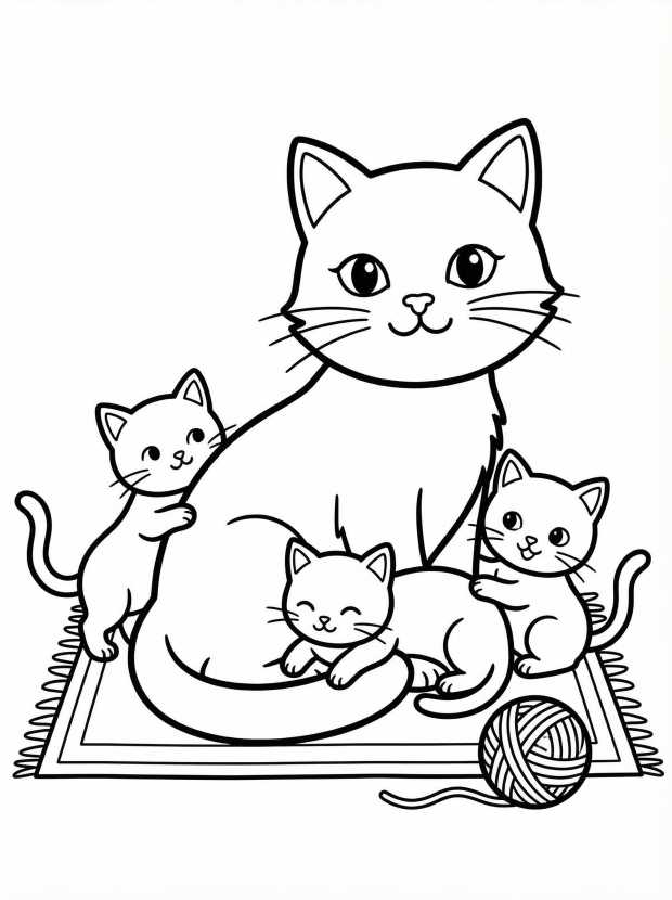 Free printable coloring page showing a mama cat with three kittens on a rug, perfect for kids to practice fine motor skills and creativity