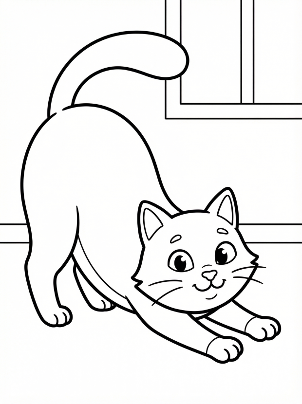 Free printable coloring page showing a cat stretching, perfect for kids to practice fine motor skills and explore colors