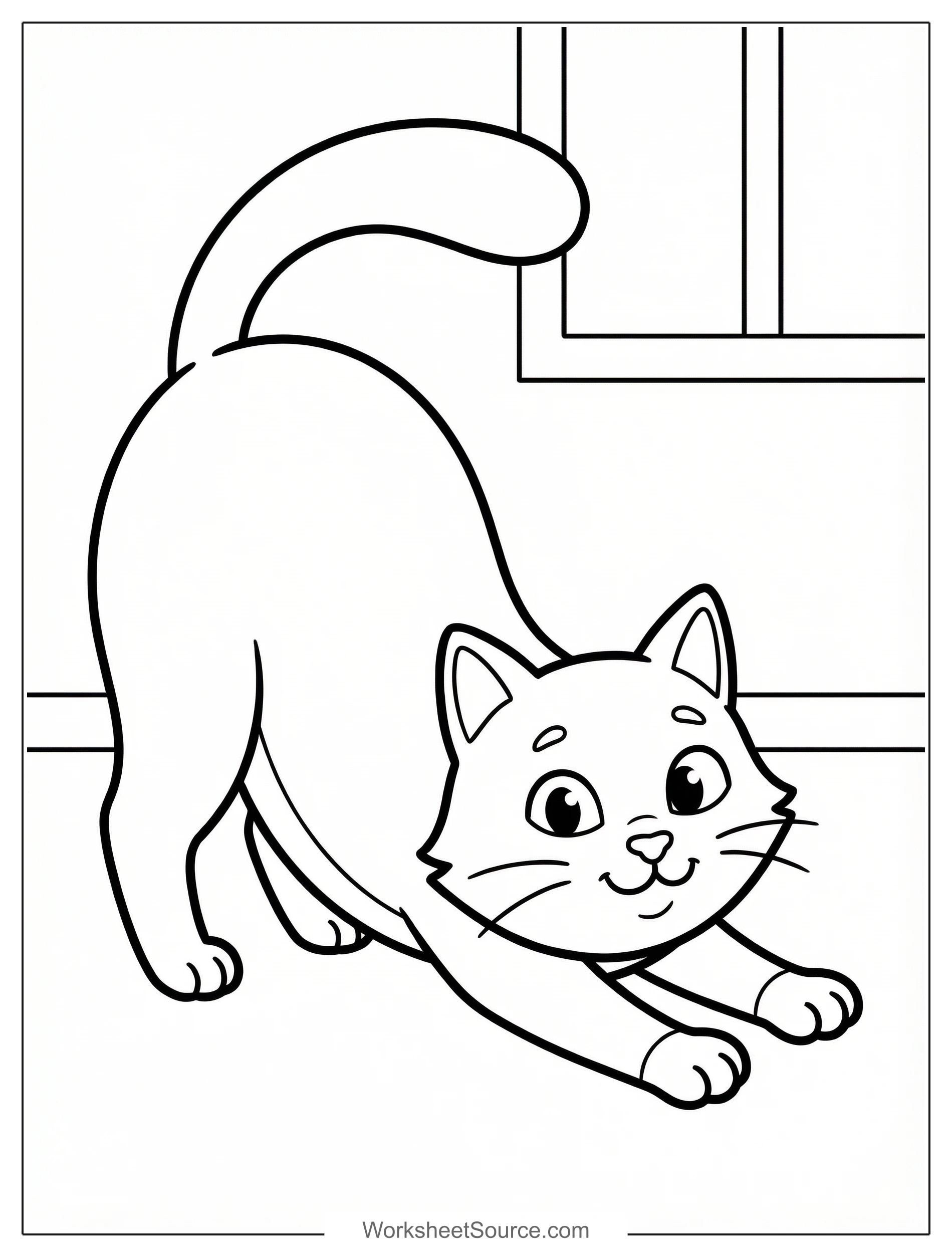 Free printable coloring page showing a cat stretching, perfect for kids to practice fine motor skills and explore colors