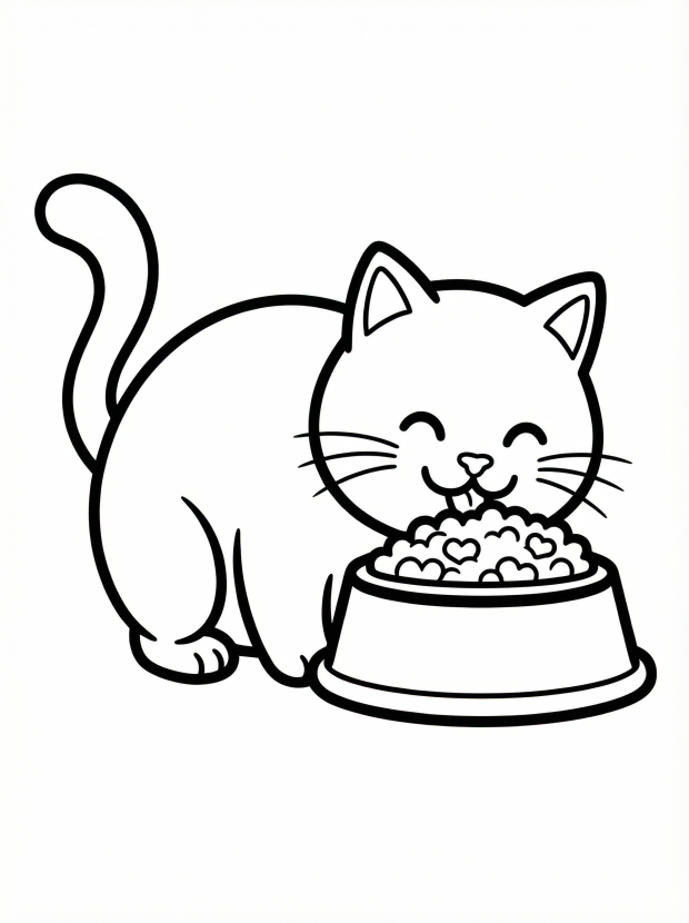Free printable coloring page showing a happy cat eating from a bowl, perfect for kids to practice coloring and creativity