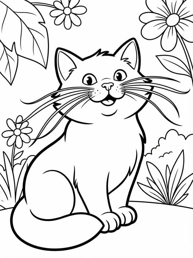 Free printable coloring page showing a smiling cat with long whiskers sitting among flowers perfect for kids to practice fine motor skills and creativity