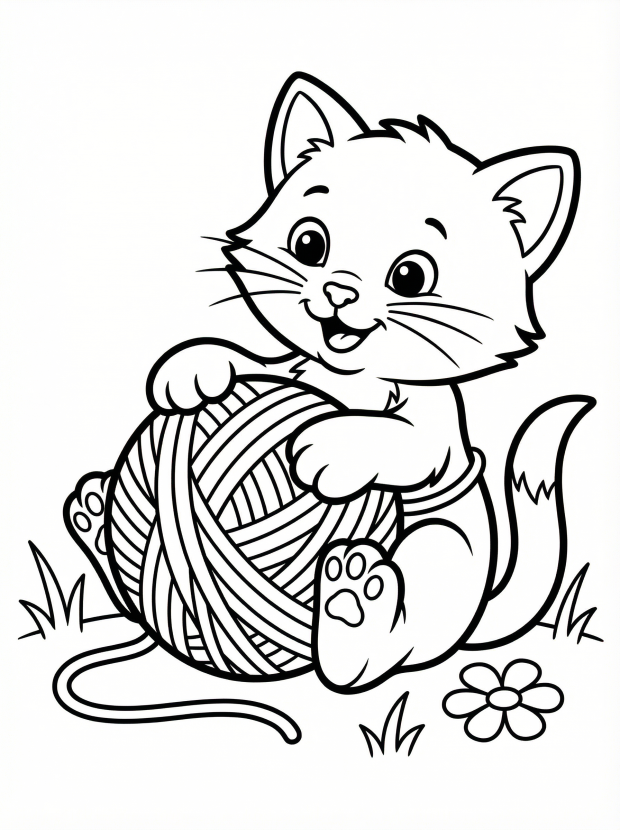 Free printable coloring page showing a playful kitten with a ball of yarn, perfect for kids to practice creativity and fine motor skills