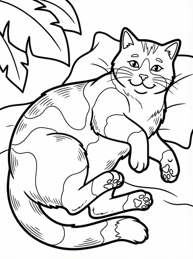Free printable coloring page showing a realistic lounging cat on a pillow, perfect for kids to practice coloring and relax