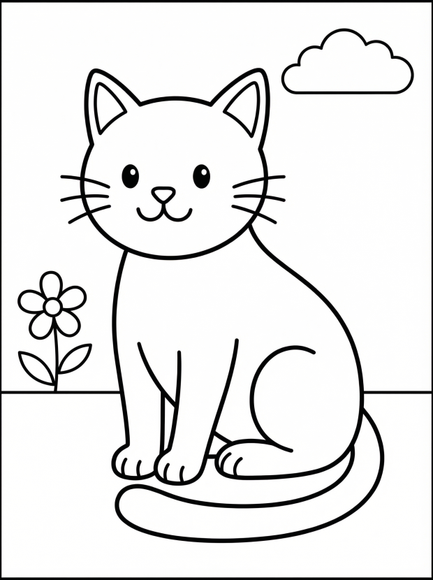 Free printable coloring page showing a sitting cat with a flower and cloud, perfect for kids to practice focus and creativity