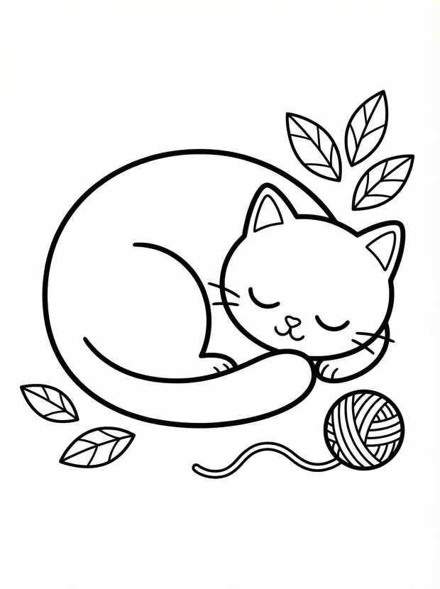 Free printable coloring page showing a sleeping cat curled with a ball of yarn, perfect for kids to practice fine motor skills and creativity.
