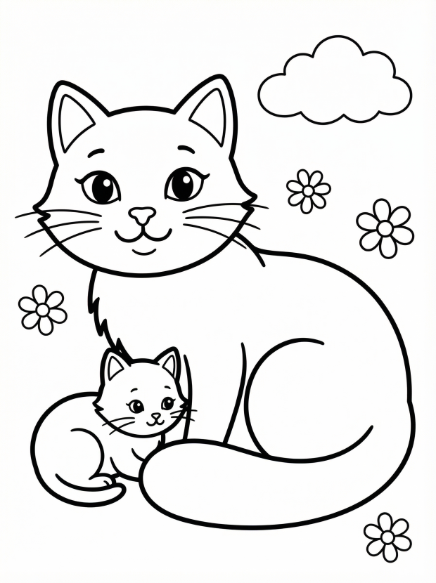 Free printable coloring page showing a mother cat and tiny kitten, perfect for kids to practice coloring and fine motor skills
