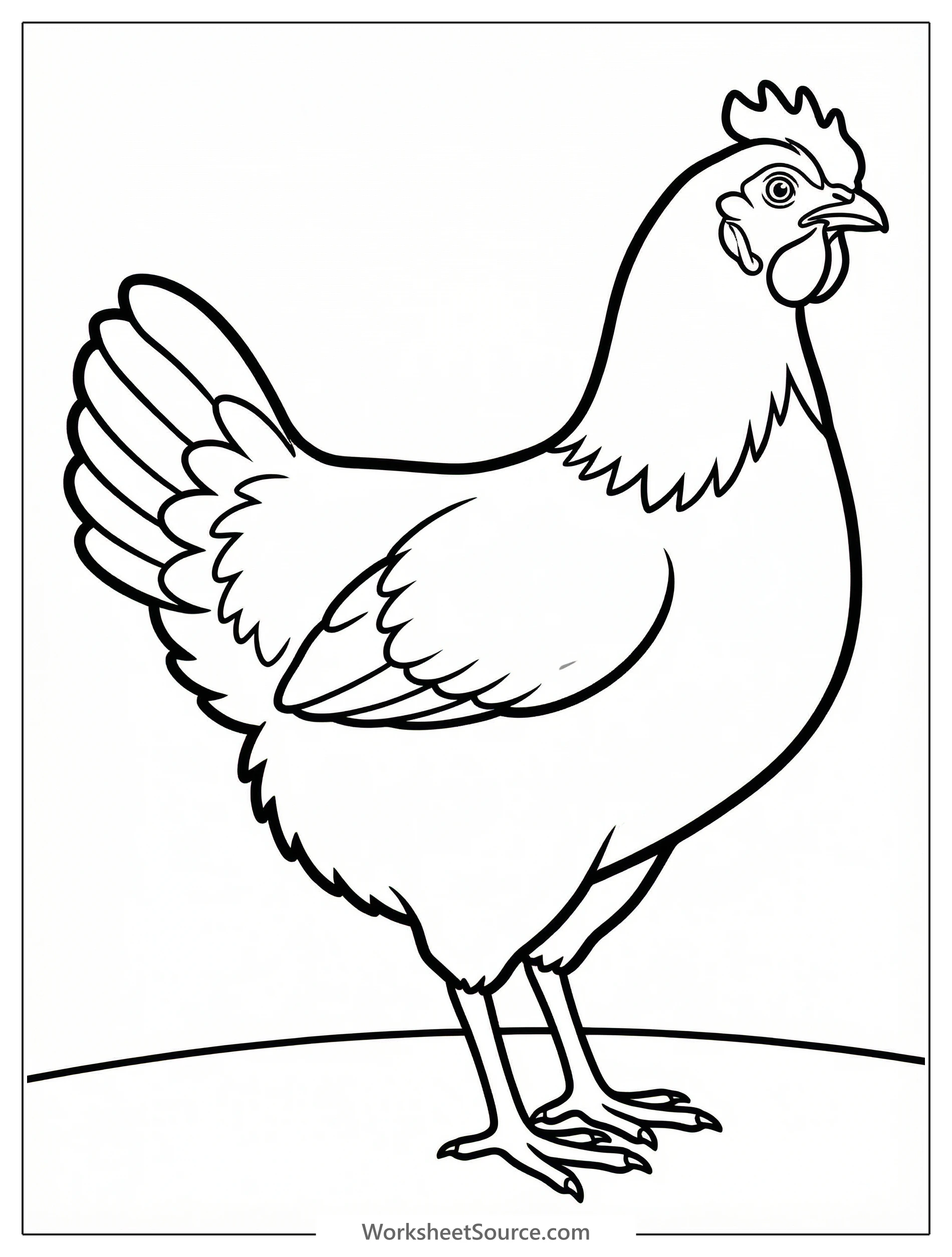 An anatomically correct chicken stands alert with its head held high, ready to be colored. The detailed line art shows feathers, comb, wattle, and legs.