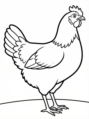 An anatomically correct chicken stands alert with its head held high, ready to be colored. The detailed line art shows feathers, comb, wattle, and legs.