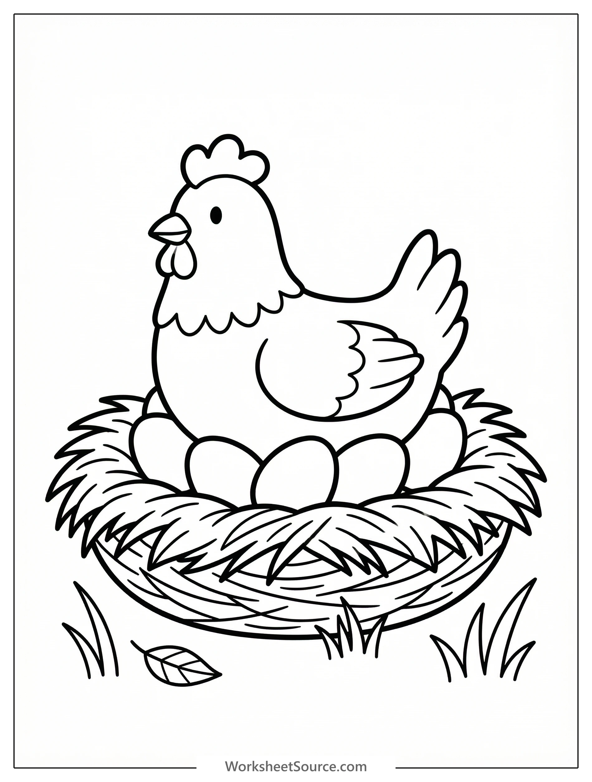 Anatomically correct line art of a mother hen, fluffy and feathered, sitting comfortably on her nest, diligently brooding over several eggs.