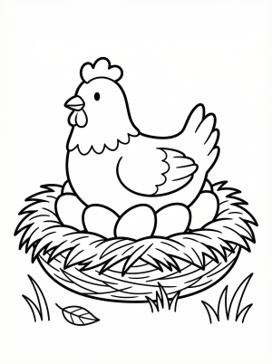 Anatomically correct line art of a mother hen, fluffy and feathered, sitting comfortably on her nest, diligently brooding over several eggs.