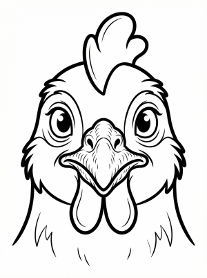 Close up image of an anatomically correct chicken face showing detailed eyes and beak, ideal for coloring activities.