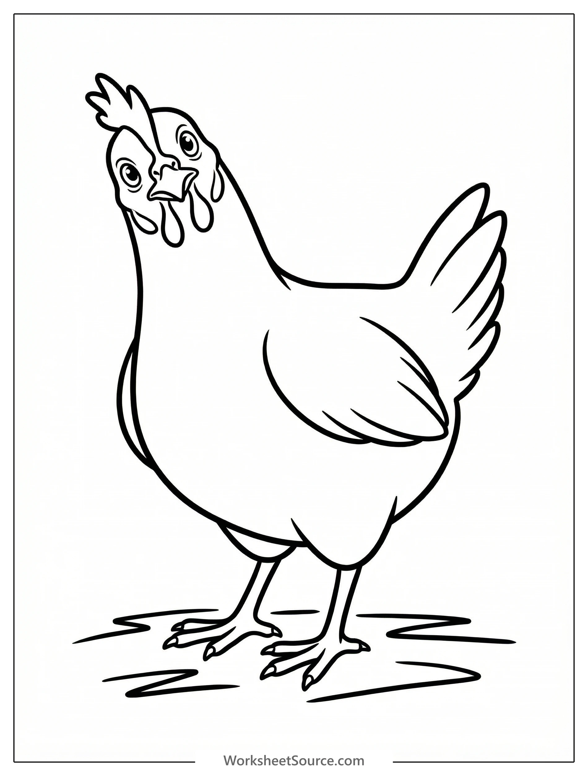 A detailed drawing of an anatomically correct chicken, depicted with its head tilted curiously, looking towards the viewer, ready for coloring.