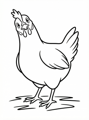 A detailed drawing of an anatomically correct chicken, depicted with its head tilted curiously, looking towards the viewer, ready for coloring.