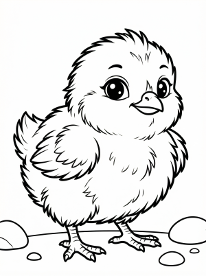 Anatomically correct illustration of a cute baby chick with large expressive eyes and soft fluffy down, ready for coloring by young artists.