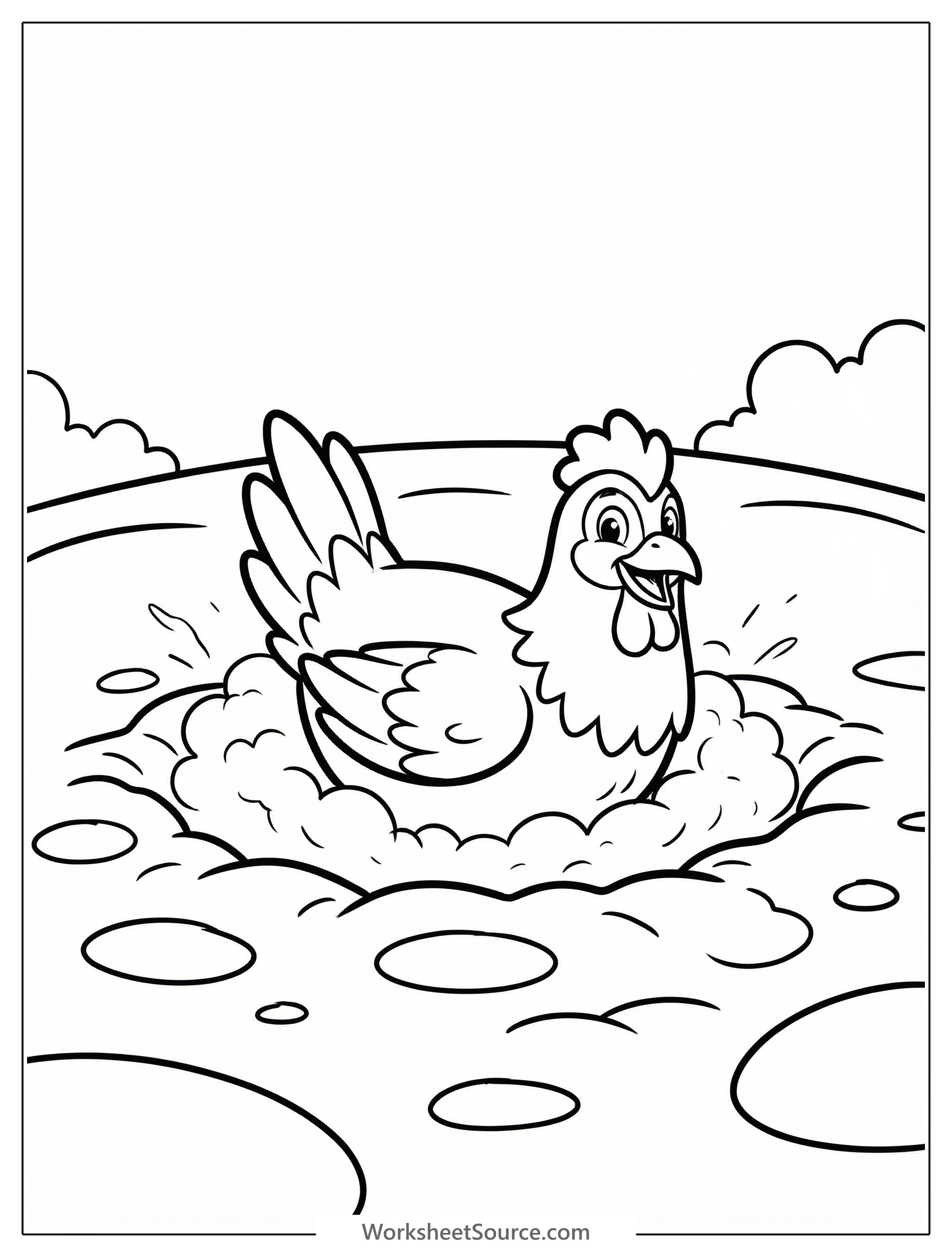 Outline drawing of an anatomically correct chicken dust bathing in loose dirt, kicking up dust with its wings and feet, head tilted.