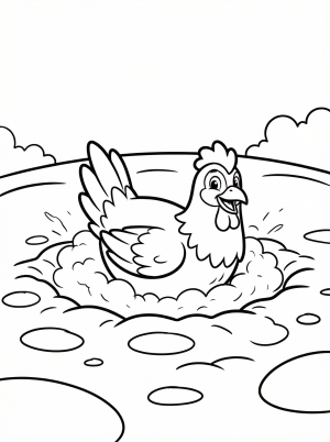 Outline drawing of an anatomically correct chicken dust bathing in loose dirt, kicking up dust with its wings and feet, head tilted.