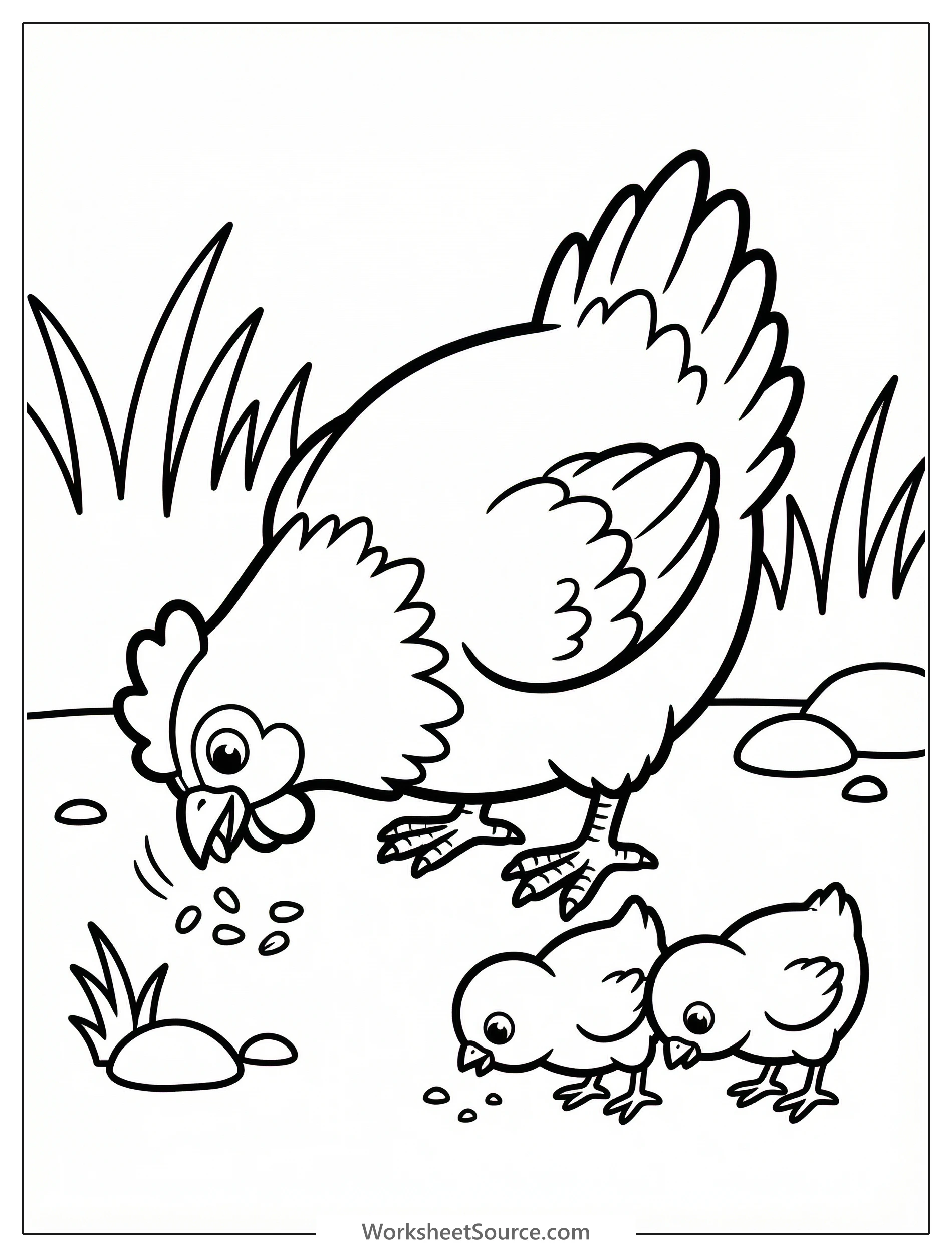 An anatomically correct hen gently showing food to three curious chicks on a farm, drawn as a detailed black and white coloring page.