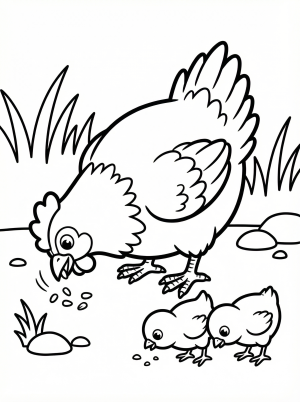An anatomically correct hen gently showing food to three curious chicks on a farm, drawn as a detailed black and white coloring page.