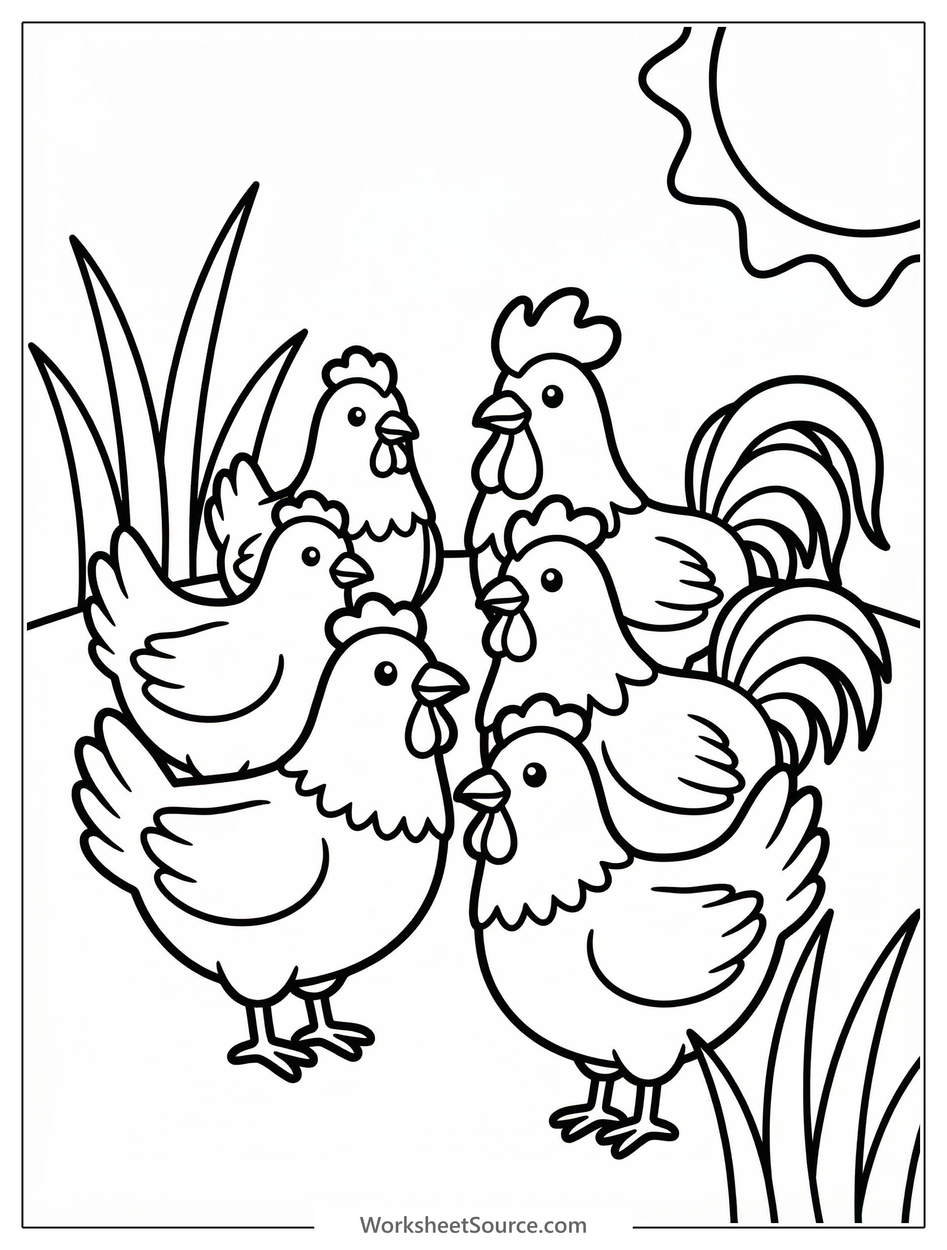 Outline drawing of an anatomically correct group of domestic chickens including hens, a rooster, and chicks standing together in a natural farm setting.