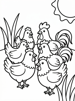 Outline drawing of an anatomically correct group of domestic chickens including hens, a rooster, and chicks standing together in a natural farm setting.