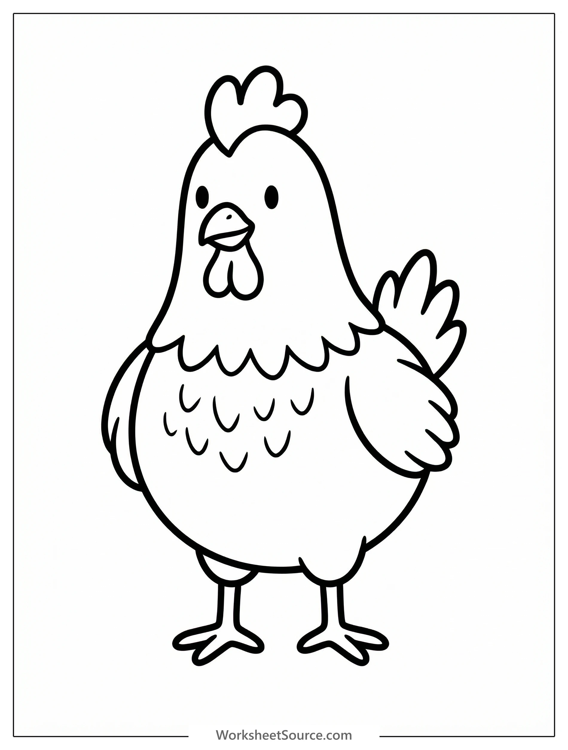 Front view of an anatomically correct chicken, showing detailed feathers, comb, wattle, chest, and legs, ready for coloring.