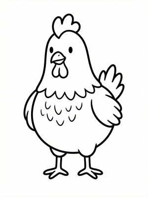 Front view of an anatomically correct chicken, showing detailed feathers, comb, wattle, chest, and legs, ready for coloring.