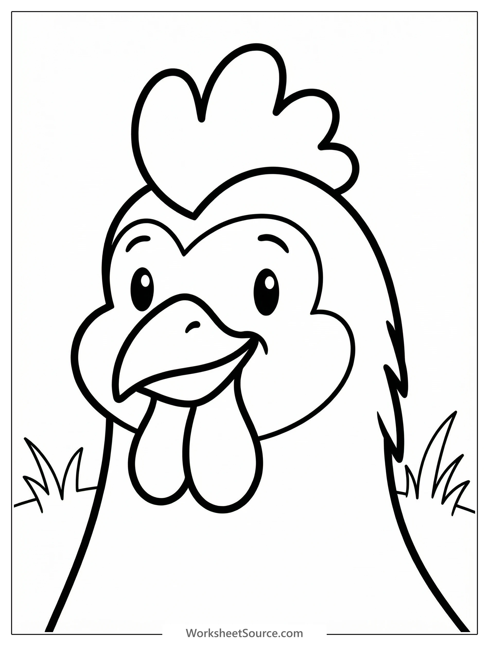 Detailed illustration of an anatomically correct chicken head facing forward, featuring a prominent comb, wattles, and beak. Ideal for educational coloring.